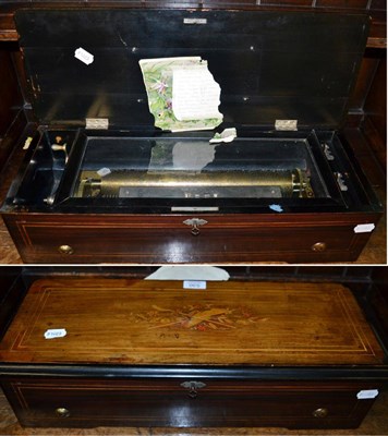 Lot 530 - A 19th century inlaid rosewood music box, with a detached, tune sheet, torn off and part...