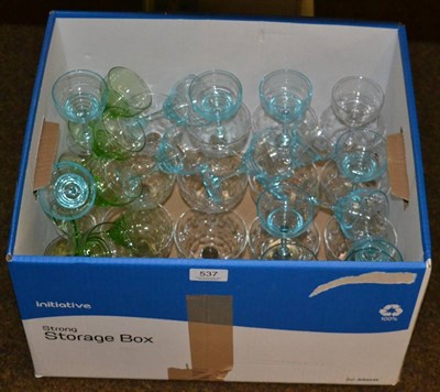 Lot 537 - A quantity of Champagne glasses, comprising fourteen blue glasses  Art Deco, six Art Deco clear...