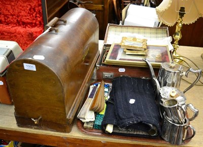 Lot 1005 - A Singer sewing machine in plywood case; 1930's barbers case and contents; plated wares;...