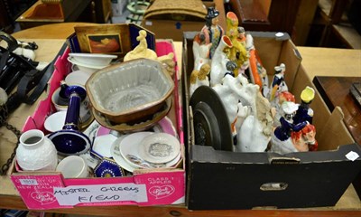 Lot 1012 - A group of assorted Staffordshire pottery and other groups including dog tray; together with...