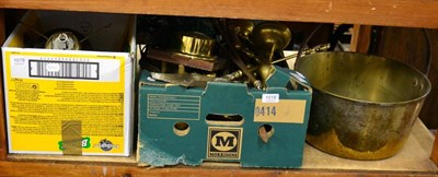 Lot 1018 - A box of assorted brass wares, a jam pan and an octagonal side table with hinged cover