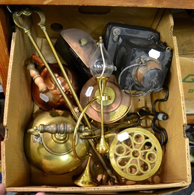 Lot 1019 - An LNER Welch patent railway lamp, together with assorted brass and copper table lamps etc.