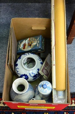 Lot 1034 - Quantity of Oriental items to include modern ceramics, mahjong set, scroll etc (one box)