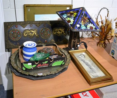 Lot 1041 - Two copper chargers, modern table lamp, Indian gilt metal mounted panel, two 1920's style prints, a