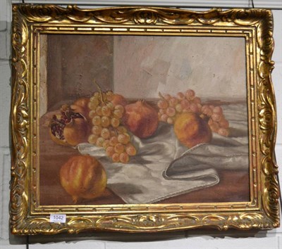 Lot 1042 - Framed oil on canvas of pomegranate and grapes, dated 1959