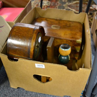 Lot 1070 - An Edwardian oak mantle clock; a Victorian mahogany writing slope and a pair of Japanese...