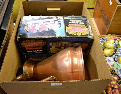 Lot 1083 - A Hornby Stephensons Rocket 3"; guage G104 coach, 5 drug jars with Latin names and a copper flagon