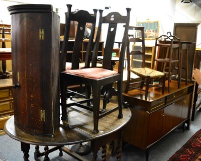 Lot 1129 - A George III oak corner cupboard, Edwardian cake stand, pair of Arts & Crafts chairs, rope work...