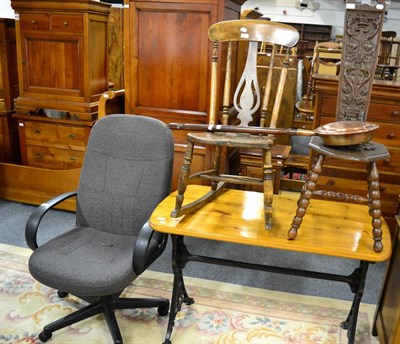 Lot 1163 - An office chair, two further chairs and a bed warmer