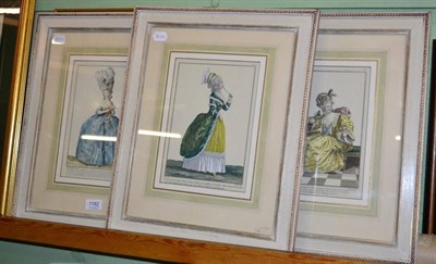 Lot 1182 - A set of three Parisian handcoloured fashion prints, with Trowbridge Gallery certificates,...