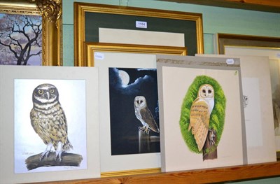 Lot 1184 - Frank Massa (1932-2013) Four studies of owls, gouache; and John Barker, pencil study of a bird...