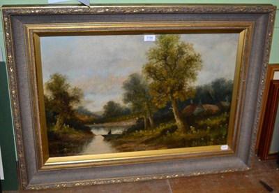 Lot 1190 - English School, 19th century, river landscape with a figure in a boat, oil on canvas