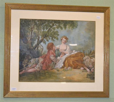 Lot 1207 - After Boucher, Lovers in pastoral landscape, watercolour and gouache