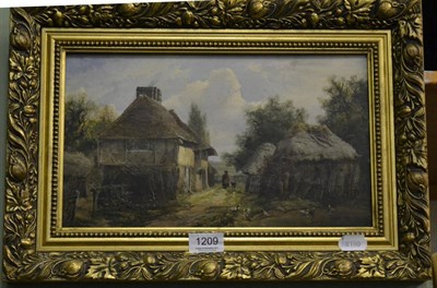 Lot 1209 - A 19th century English school, farm buildings with figure, dog and duckling in the foreground,...