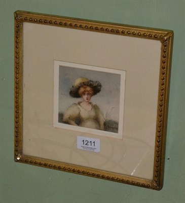 Lot 1211 - Maud Goodman, study of a lady in a white brimmed hat, watercolour, signed, with receipt