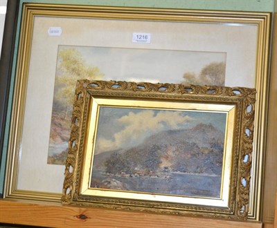 Lot 1216 - G Rockhill, watercolour of Highland cattle grazing on heather; an oil on board of a mountain...