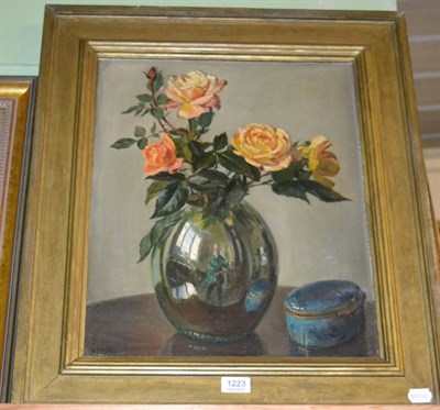 Lot 1223 - John A A Berrie, still life of roses in a vase, oil on canvas laid on board, signed lower left,...