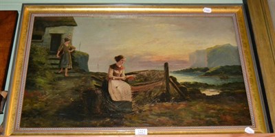 Lot 1224 - J M Colvin, late 19th century, Mending the nets in a coastal landscape at sunset, oil on...