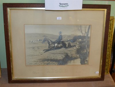 Lot 1230 - A print depicting a hunting scene 'Tom Furr on White Legs...Huntsman of the Quorn', a print...