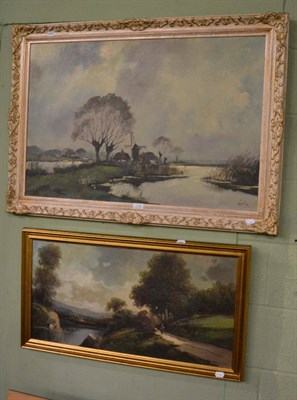 Lot 1232 - Lutz, 20th century Dutch school, Canal landscape with windmill, oil on canvas; together with...