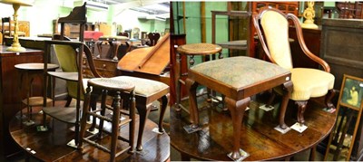 Lot 1274 - A 19th century mahogany stool; a 19th century oak stool; a Victorian mahogany nursery chair, an oak