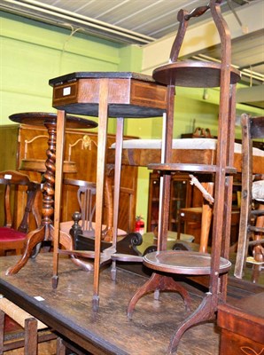 Lot 1277 - An Edwardian mahogany octagonal bijouterie table; with an oak folding cake stand and a table (3)