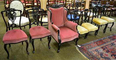 Lot 1328 - Edwardian part parlour suite comprising four side chairs, pair of a similar low examples and a wing