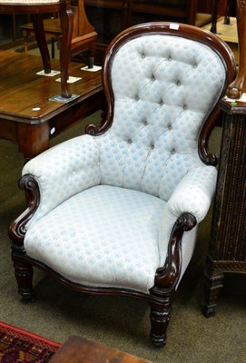 Lot 1347 - Victorian button back armchair, upholstered in pale blue, on turned and fluted supports