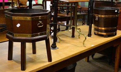 Lot 1363 - Coopered circular planter or coal bucket; together with a similar octagonal example on three...