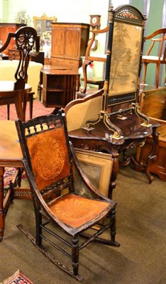 Lot 1407 - A Victorian ebonised fire screen with Japanese silk panel, a Bentwood seated rocking chair and...