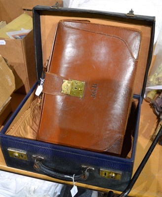 Lot 1416 - Blue leather dressing case and brown leather briefcase