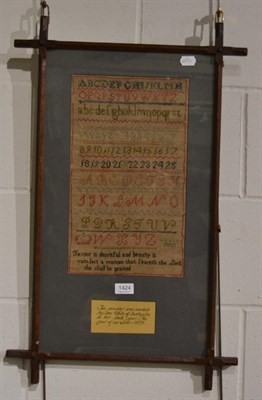 Lot 1424 - Framed alphabet sampler, with handwritten note detailing that it was made by Jane White of...