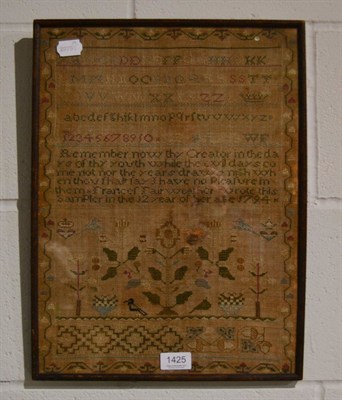 Lot 1425 - Framed sampler, worked by Frances Fairweather. aged 12, dated 1794, with central verse,...