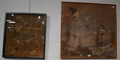 Lot 1428 - A large framed fabric applique picture of two Japanese warriors in simulated bamboo frame,...