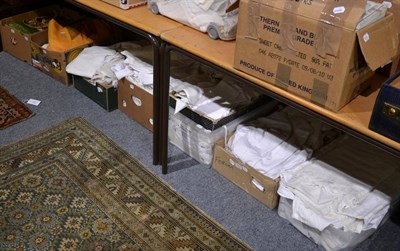 Lot 1430 - Assorted white bed and table linen, embroidered items, bed covers, orange woven blanket etc (6...