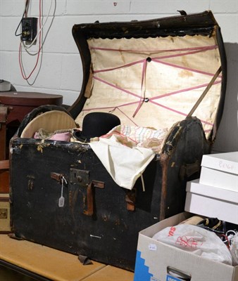 Lot 1434 - Domed travelling trunk, with internal lift out tray enclosing assorted textiles, costume,...