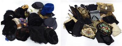 Lot 1437 - Quantity of mainly 1950s hats, many with fur or feathers, black velvet examples, straw etc;...