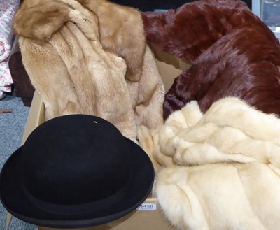 Lot 1438 - Mink evening stole, another, two fur coats, hats, boxed bowler hat etc (one box)