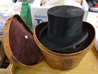 Lot 1455 - Black silk top hat in leather case (a.f.)