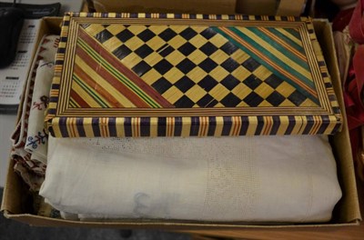 Lot 1462 - Straw work box and cover, assorted textiles including Chinese embroidered cloths, eastern...