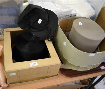 Lot 1466 - Scott & Co black silk top hat, 16.25cm by 20.25cm; grey wool top hat; another hat; jockeys silk...