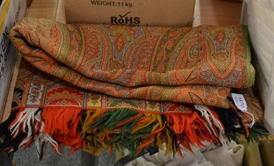 Lot 1470 - Woven paisley shawl, worked predominantly in red, orange and green, two ends with green, red,...