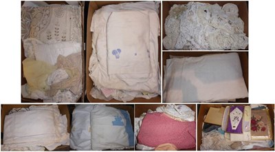 Lot 1475 - Eight boxes of assorted white linens, embroidered textiles, crochet trims and edgings, table...