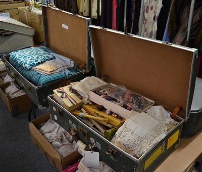 Lot 1482 - Quantity of assorted textiles, white linen, sewing accessories, handbags, cased cutlery set, hinged