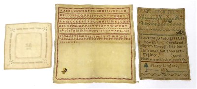 Lot 1486 - Unframed alphabet sampler, dated 1815, by Mary Lingard, worked with a verse, animal and tree;...