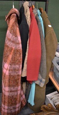 Lot 1497 - Pink check mohair cape, Aquascutum checked wool coat with tie waist, gents Crombie coat,...