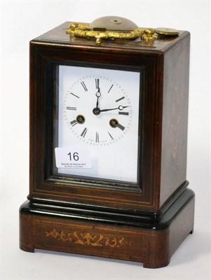 Lot 16 - An inlaid striking mantel clock, enamelled dial signed, LeRoy A Paris