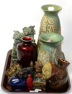 Lot 36 - A quantity of Oriental items including a pair of Japanese studio pottery vases decorated with poems