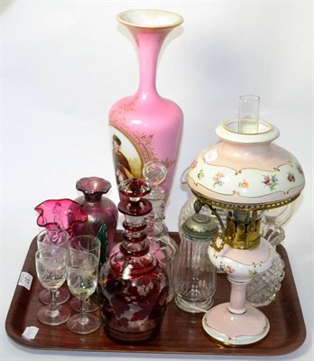 Lot 37 - A quantity of Victorian and later glass including a pink vase painted with a vignette of a...