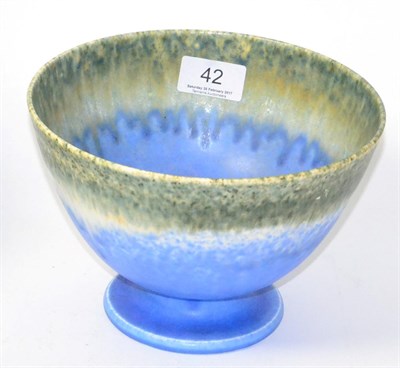 Lot 42 - A Ruskin pottery footed bowl, mottled green and blue bands, impressed marks to base 'Ruskin England